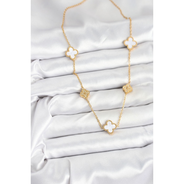 316L Çelik Zincir Gold Renk Beyaz ve Zirkon Taşlı Yonca Kadın Kolye -