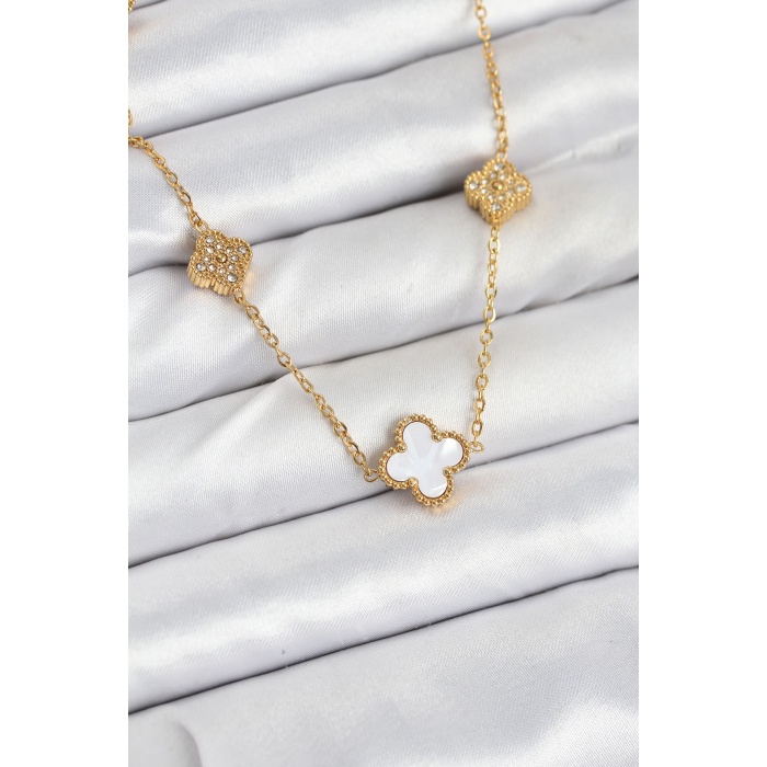 316L Çelik Zincir Gold Renk Beyaz ve Zirkon Taşlı Yonca Kadın Kolye -
