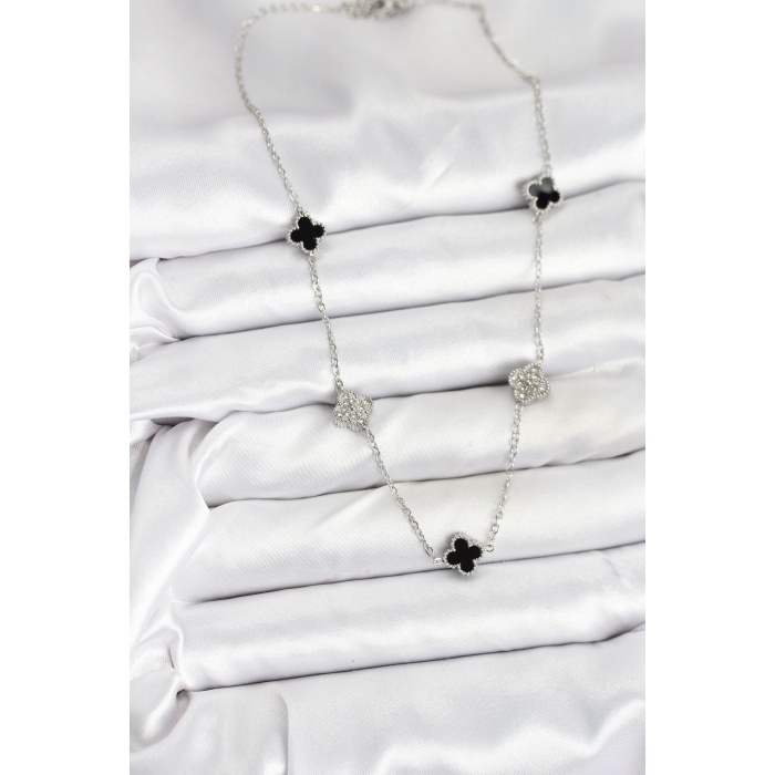 316L Çelik Zincir Gümüş Renk Siyah ve Zirkon Taşlı Baby Boy Yonca Kadın Kolye -