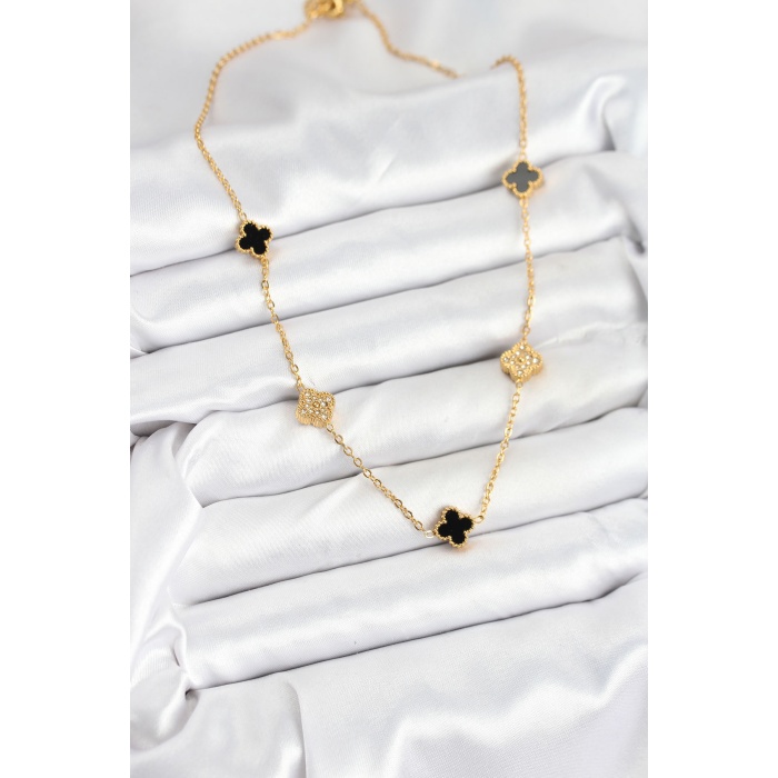 316L Çelik Zincir Gold Renk Siyah ve Zirkon Taşlı Baby Boy Yonca Kadın Kolye -