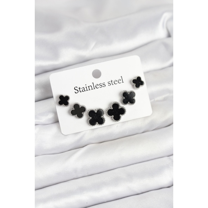 316L Çelik Gümüş Siyah Renk 3 Boy Yonca Küpe Seti -