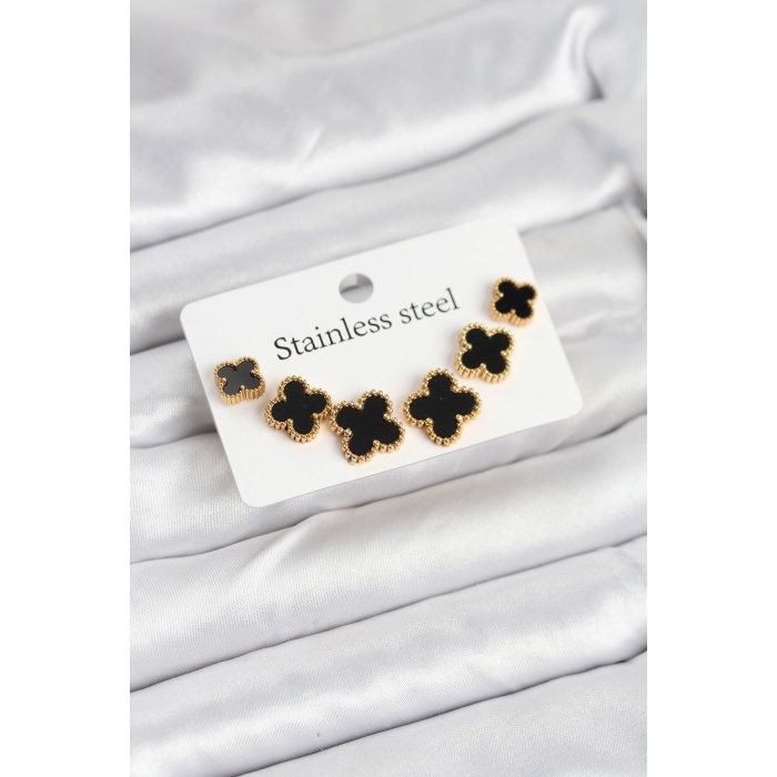 316L Çelik Gold Siyah Renk 3 Boy Yonca Küpe Seti -