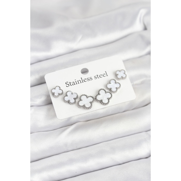 316L Çelik Gümüş Beyaz Renk 3 Boy Yonca Küpe Seti -