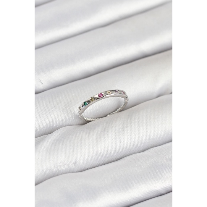 Pirinç Gümüş Renk Renkli Zirkon Taşlı Kadın Yüzük -