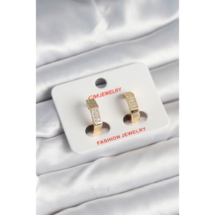 Pirinç Gold Renk Zirkon Taşlı Altıgen Kadın Küpe -