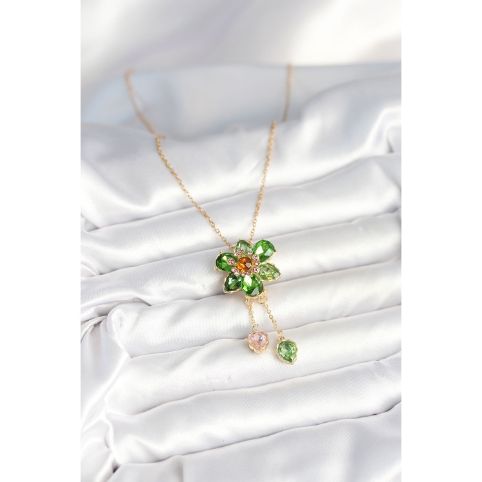 316L Çelik Zincir Gold Renk Çiçek Model Sallantılı Kadın Kolye -