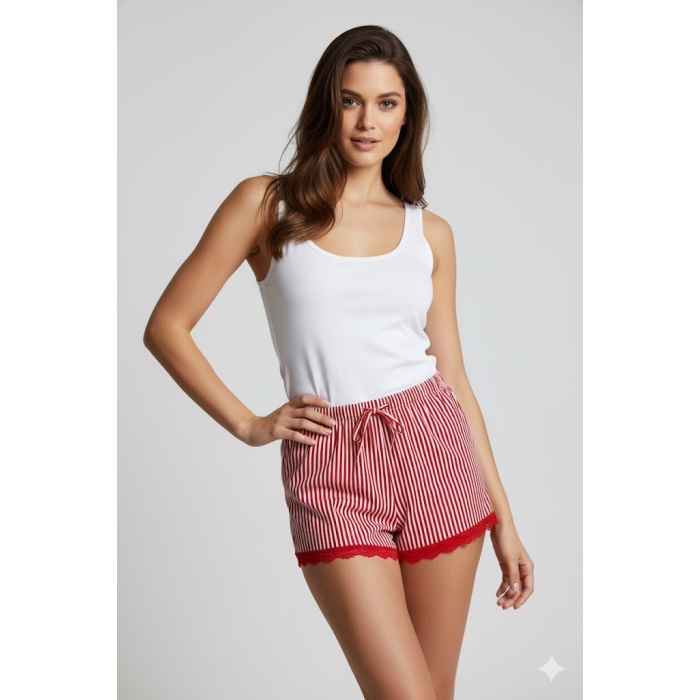 Çizgili Penye Kadın Ev Şortu Bacak Dantel Detaylı Ev Giyim Kırmızı