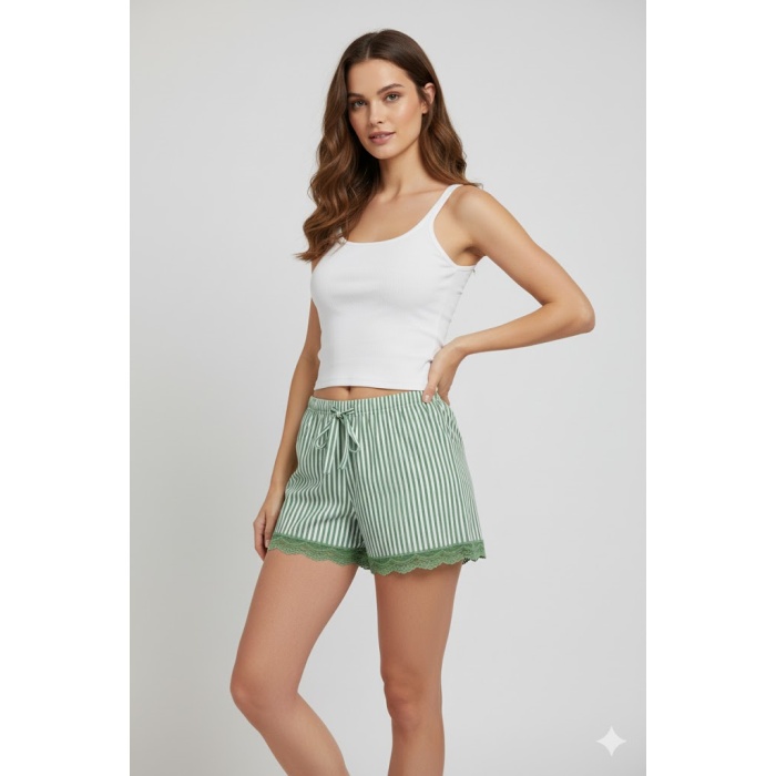 Çizgili Penye Kadın Ev Şortu Bacak Dantel Detaylı Ev Giyim Yeşil