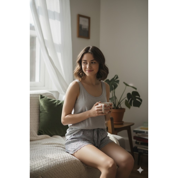 Düz Renk Mini Çiçek Desenli Penye Kadın Ev Şortu Bacak Dantel Detaylı Ev Giyim Gri