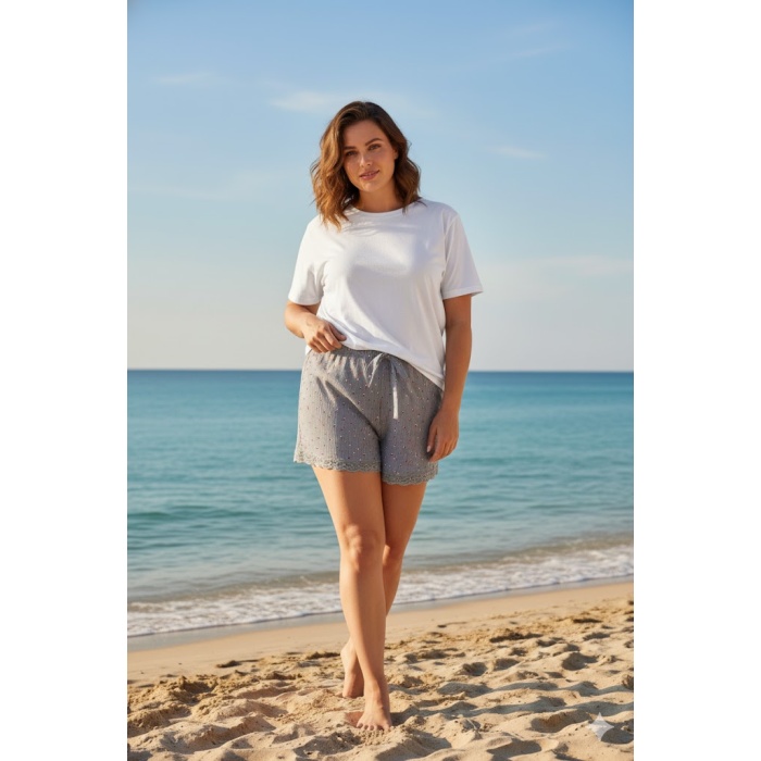 Düz Renk Mini Çiçek Desenli Penye Kadın Ev Şortu Bacak Dantel Detaylı Ev Giyim Gri