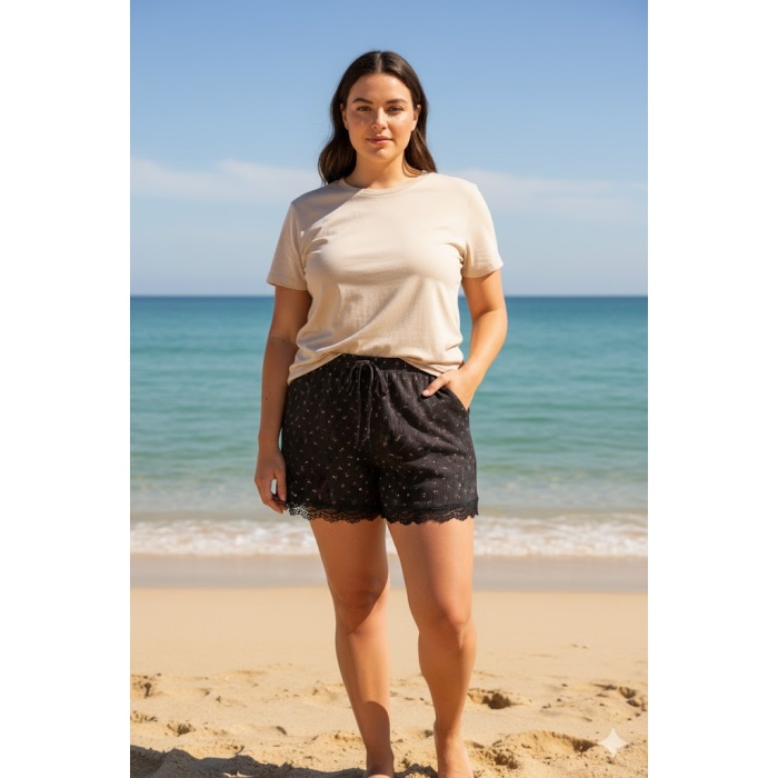 Düz Renk Mini Çiçek Desenli Penye Kadın Ev Şortu Bacak Dantel Detaylı Ev Giyim Siyah