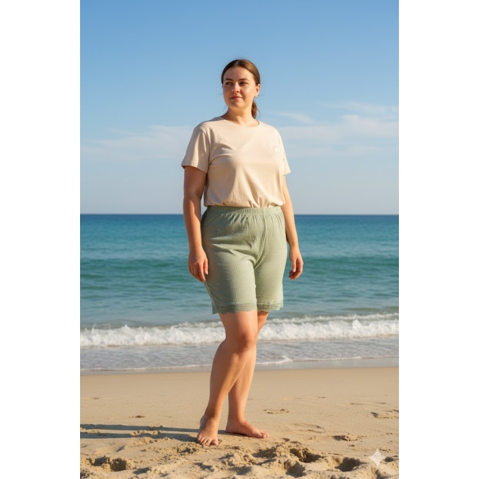 Bambu Fitilli Kadın Ev Şortu Bacak Dantel Detaylı Ev Giyim Yeşil