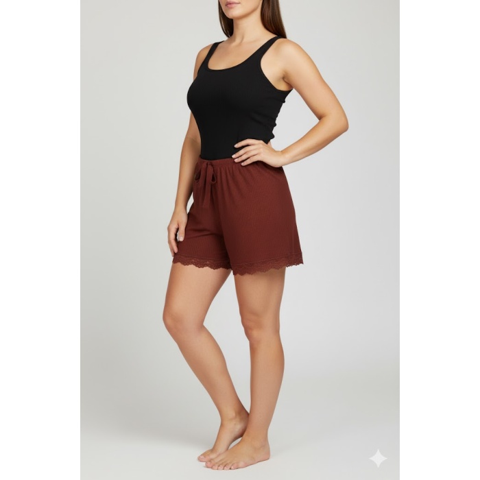 Bambu Fitilli Kadın Ev Şortu Bacak Dantel Detaylı Ev Giyim Koyu Taba