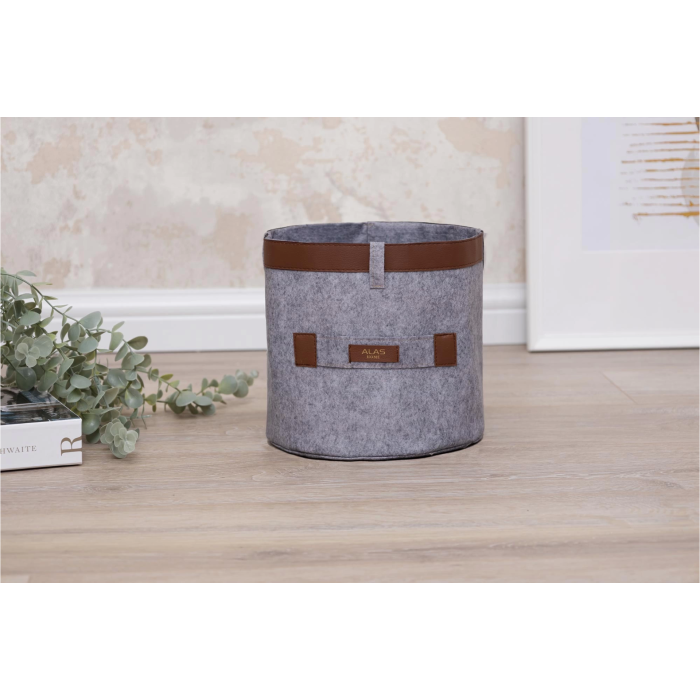 Deri Şeritli Yuvarlak Çok Amaçlı Düzenleyici Organizer Kutu Keçe Sepet (mini) 03822 ( Lisinya )