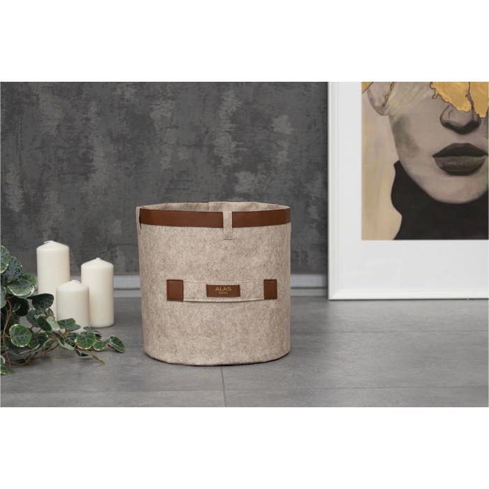 Deri Şeritli Yuvarlak Çok Amaçlı Düzenleyici Organizer Kutu Keçe Sepet (mini) 03822 ( Lisinya )