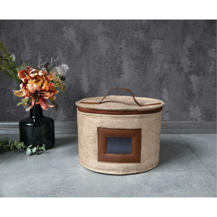 Deri Şeritli Pencereli Yuvarlak Çok Amaçlı Düzenleyici Organizer Kutu Keçe Çanta (maxi) ( Lisinya )