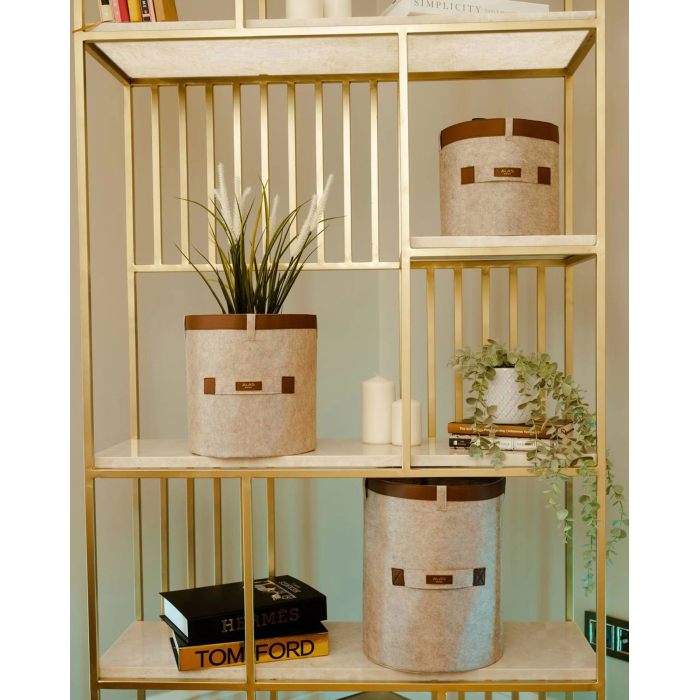 Deri Şeritli Yuvarlak Çok Amaçlı Düzenleyici Organizer Kutu Keçe Sepet (3lü Set) ( Lisinya )