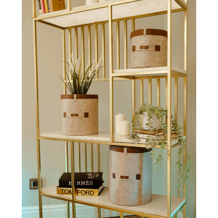 Deri Şeritli Yuvarlak Çok Amaçlı Düzenleyici Organizer Kutu Keçe Sepet (3lü Set) ( Lisinya )