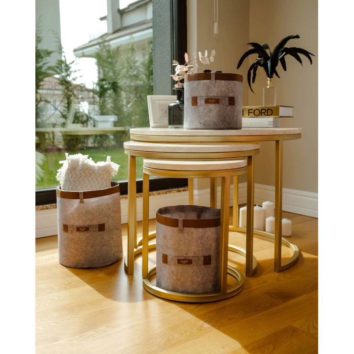 Deri Şeritli Yuvarlak Çok Amaçlı Düzenleyici Organizer Kutu Keçe Sepet (3lü Set) ( Lisinya )