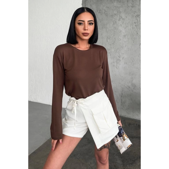 Rahat Ve Şık Uzun Kollu Bisiklet Yaka Likralı Viskon Penye Body Kahverengi ( Lisinya )