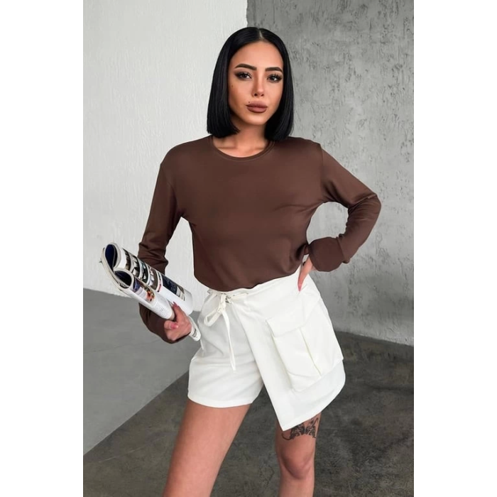 Rahat Ve Şık Uzun Kollu Bisiklet Yaka Likralı Viskon Penye Body Kahverengi ( Lisinya )