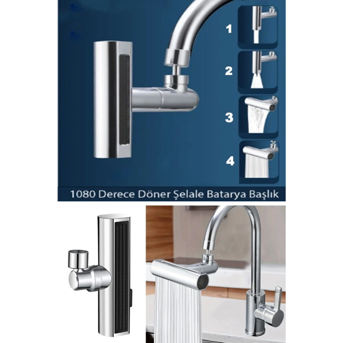 Krom Tasarruflu Şelale Musluk Başlığı 4 Modlu, Ayarlanabilir, Su Tasarrufu Sağlayan Pratik Başlık ( Lisinya )