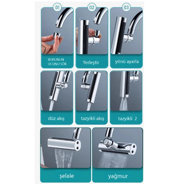 Krom Tasarruflu Şelale Musluk Başlığı 4 Modlu, Ayarlanabilir, Su Tasarrufu Sağlayan Pratik Başlık ( Lisinya )