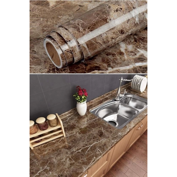 Mermer Desenli Masa Tezgah Mutfak Su Geçirmez Yapışkanlı Folyo Sticker Kahverengi 5x0,6m ( Lisinya )