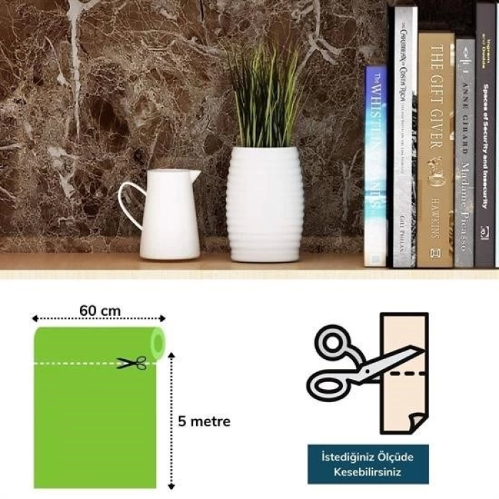 Mermer Desenli Masa Tezgah Mutfak Su Geçirmez Yapışkanlı Folyo Sticker Kahverengi 5x0,6m ( Lisinya )