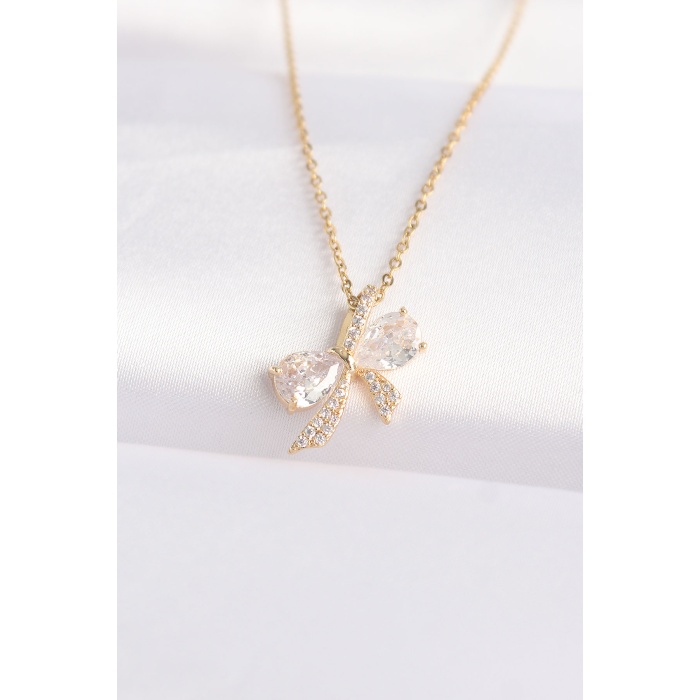 316L Çelik Zincir Altın Renk Zirkon Taşlı Fiyonk Kolye - Lisinya