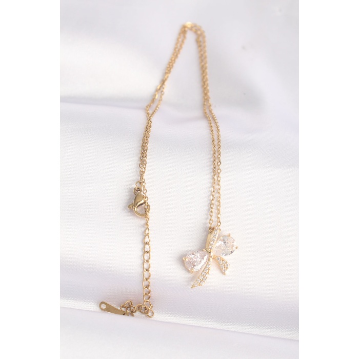 316L Çelik Zincir Altın Renk Zirkon Taşlı Fiyonk Kolye - Lisinya