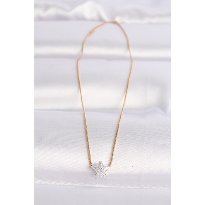 316L Çelik Zincir Altın Renk Zincirli Gümüş Renk Deniz Yıldızı Tasarımlı Kolye - Lisinya