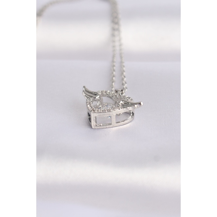 316L Çelik Zincir Gümüş Renk Zirkon Taşlı Kanatlı Kalp Kolye - Lisinya