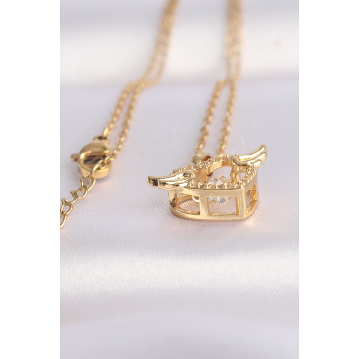 316L Çelik Zincir Altın Renk Zirkon Taşlı Kanatlı Kalp Kolye - Lisinya