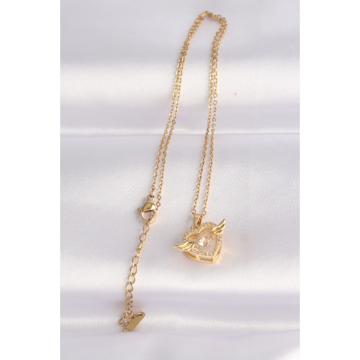 316L Çelik Zincir Altın Renk Zirkon Taşlı Kanatlı Kalp Kolye - Lisinya