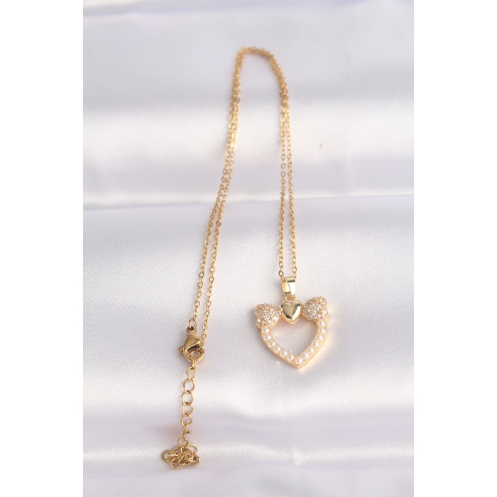 316L Çelik Zincir Altın Renk İnci Taş Detay Zirkon Taşlı Kalp Kolye - Lisinya
