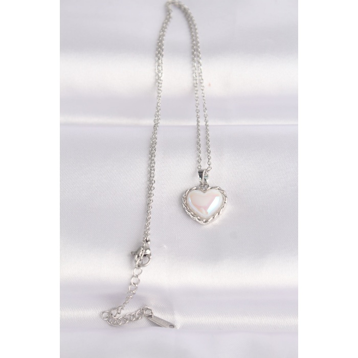 316L Çelik Zincir Gümüş Renk Beyaz Taşlı Bombeli Kalp Kolye - Lisinya