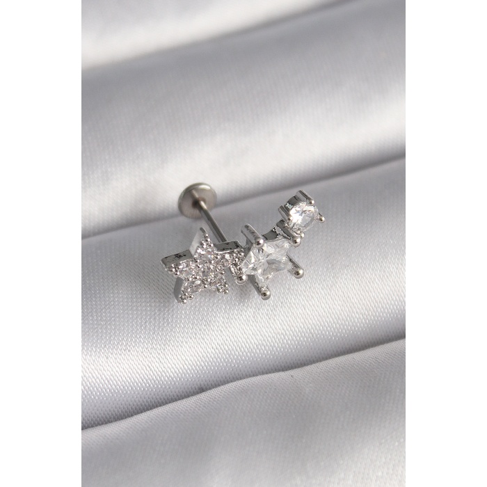 316L Çelik Gümüş Renk Zirkon Taşlı Yıldız Model Tragus Piercing - Lisinya