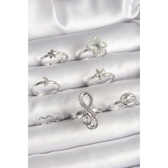 Pirinç Gümüş Renk Yonca Figür Sonsuzluk Zirkon Taşlı Kalp Detay Kadın Yüzük Kombini - Lisinya