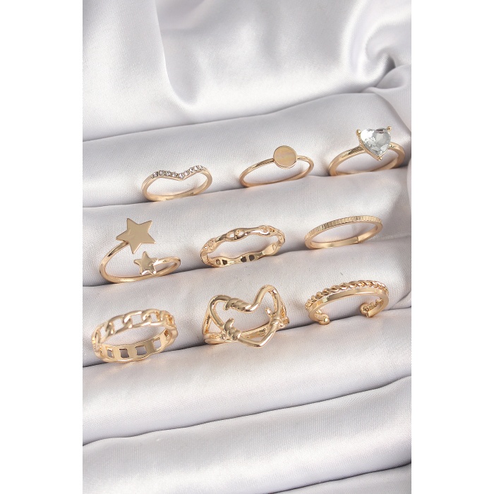 Pirinç Gold Renk Zirkon Taş Detaylı Kalp Yıldız Figür Kadın Yüzük Kombini - Lisinya