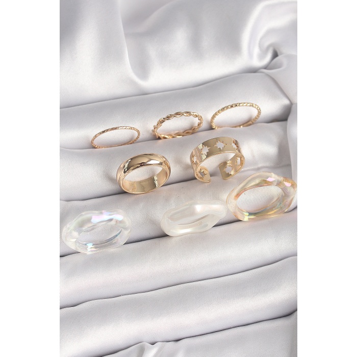 Pirinç Gold Renk Beyaz Akrilik Plastik Modek Kutup Yıldız İşleme Detay Kadın Yüzük Kombini - Lisinya