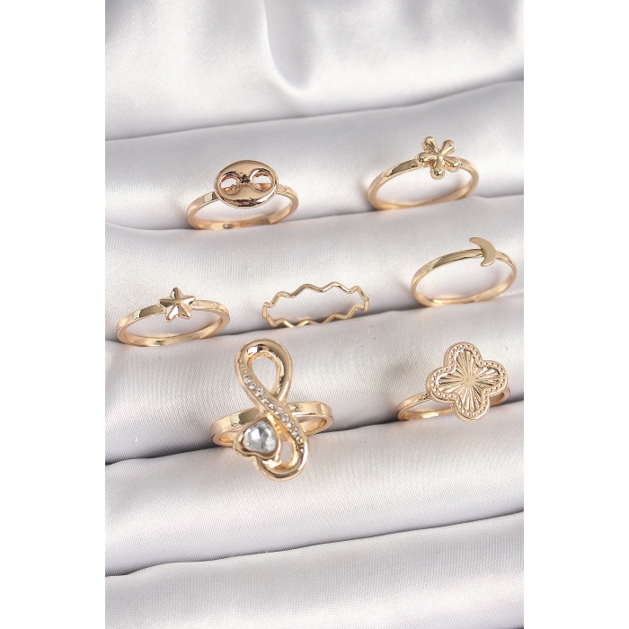 Pirinç Gold Renk Zirkon Taşlı Sonsuzluk Figür Yıldız Detay Kadın Yüzük Kombini - Lisinya