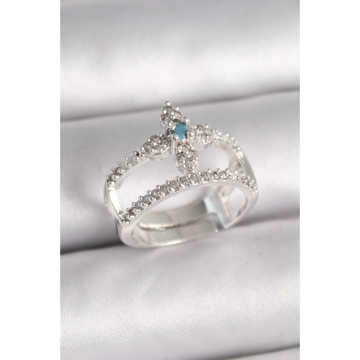 Pirinç Gümüş Renk Zirkon Taşlı Ayarlanabilir Model Kadın Yüzük - Lisinya