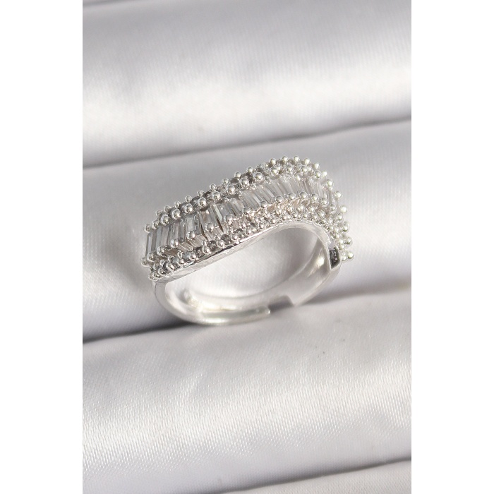 Pirinç Gümüş Renk Su Yolu Zirkon Dalga Model Ayarlanabilir Kadın Yüzük - Lisinya