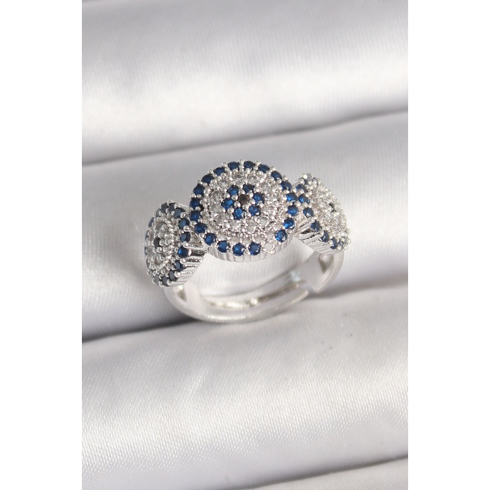 Pirinç Gümüş Renk Zirkon Taşlı Nazar Boncuk Model Ayarlanabilir Kadın Yüzük - Lisinya