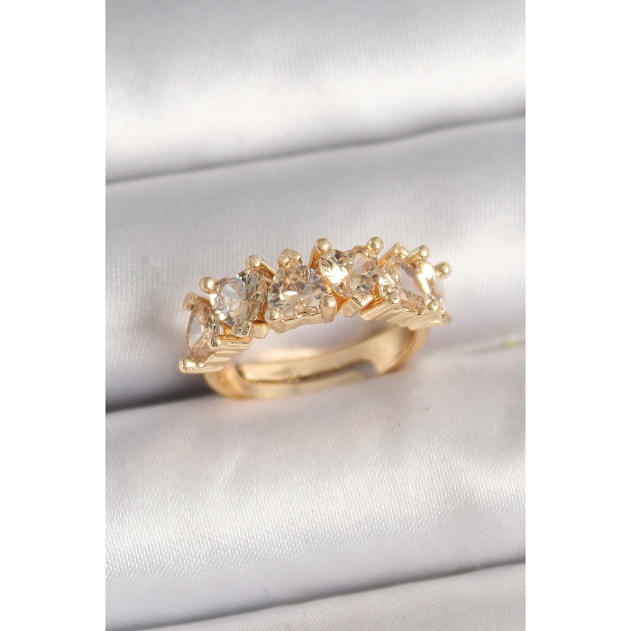 Pirinç Gold Renk Zirkon Taşlı Kalp Model Ayarlanbilir Kadın Yüzük - Lisinya