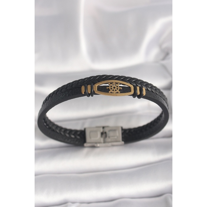 316L Çelik Gold Renk Gemi Dümen Figür Siyah Renk Çift Sıra Burgu Desenli Deri Kordon Erkek Bileklik - Lisinya