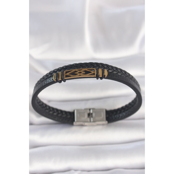 316L Çelik Gold Renk Aksesuarlı Çift Sıra Siyah Burgu Desenli Deri Kordon Erkek Bileklik - Lisinya