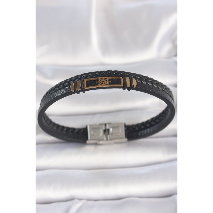 316L Çelik Gold Renk Gemi Dümeni Aksesuarlı Çift Sıra Burgu Desenli Deri Kordon Erkek Bileklik - Lisinya