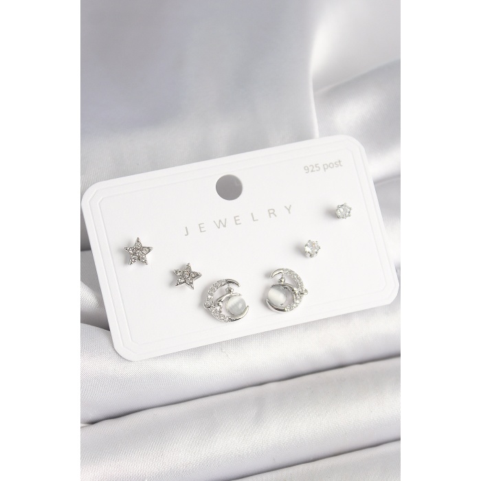 925 Ayar Gümüş Çivi Zirkon Taşlı Hilal Yıldız Model Kadın Küpe Seti - Lisinya